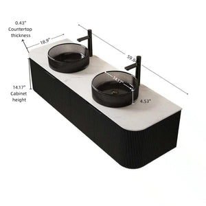 English Elm Dina 60 Inch Floating Bathroom Vanity Sintered Stone Top Dual Glass Basins Wood Grain Black,Carrara White W2615S00249