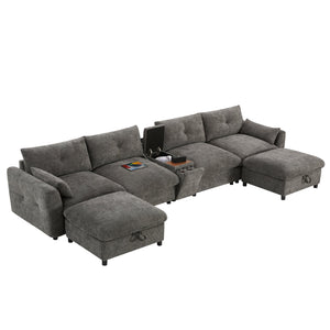 English Elm 136'' Modular Sectional Sofa with Console, USB Charger, Cup Holders, Movable Storage Ottoman, Oversized Chenille U-Shaped Lounge Gray N723S8777E