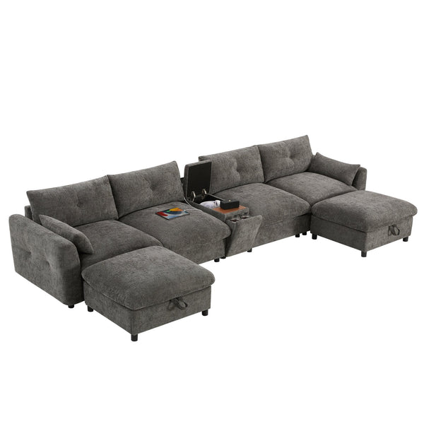 English Elm 136'' Modular Sectional Sofa with Console, USB Charger, Cup Holders, Movable Storage Ottoman, Oversized Chenille U-Shaped Lounge Gray N723S8777E