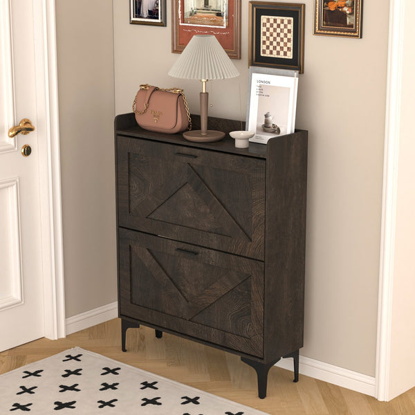 English Elm Shoe Cabinet with 2 Flip Drawers and Open Shelves, Slim Rustic Brown Entryway Organizer, Space-Saving Wood Storage W679P154753