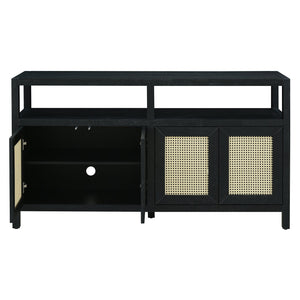 English Elm TREXM Bohemian Rattan Buffet Sideboard with Solid Wood Frame, Adjustable Shelves & Cord Management Black N715P290093B