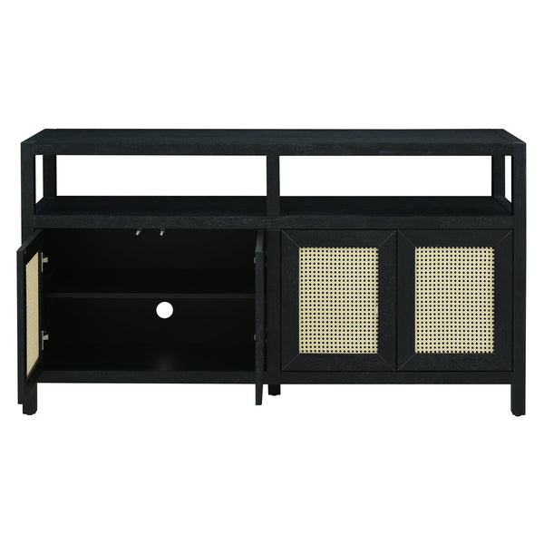 English Elm TREXM Bohemian Rattan Buffet Sideboard with Solid Wood Frame, Adjustable Shelves & Cord Management Black N715P290093B