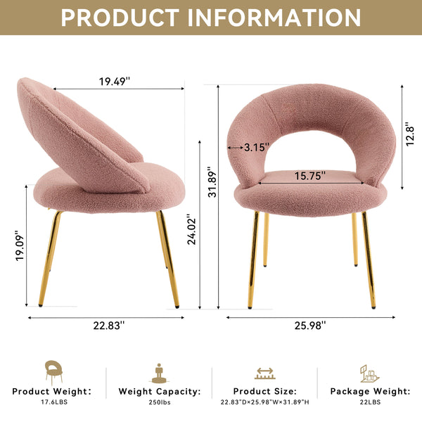English Elm 061-Set Of 1 Plush Pink Teddy Fabric Dining Chair With Gold Legs - Ergonomic Design & Cozy Elegance W527P255486