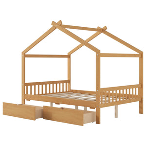 English Elm Full House Platform Bed with Roof Design and Two Drawers, Pine/MDF Durable Frame, Kid-Friendly Cozy Finish Natural WF292923AAD