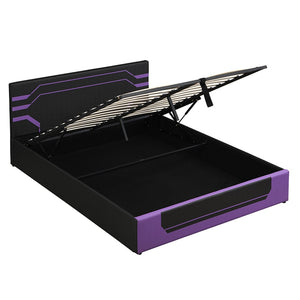 English Elm Modern Cyberpunk Queen Platform Bed Hydraulic Storage Pu Upholstered Gaming Frame Purple+Black SF000205AAI