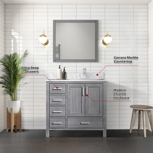 English Elm Distressed Grey Bath Vanity Set With Carrara Marble Top, Chrome Faucet & Stylish 34" Mirror Ensemble B2731S01265