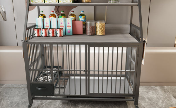 English Elm Large Pet Cage with Iron Frame Mdf Panels Storage Rack and Steel Feeding Basins Black,Gray+Charcoal W3064P245387