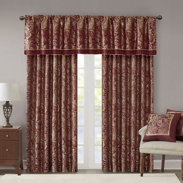 English Elm Jacquard Curtain Panel Pair - Luxurious Paisley Weave In Rich Burnt Red & Gold For Elegant Spaces B03598086