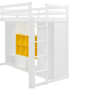 English Elm Twin Loft Bed with Wardrobe Shelves and Cabinet Kids Bedroom Wood Storage Frame Yellow+White N708S00023K