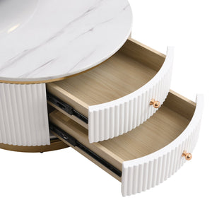 English Elm Modern 2 Pieces White Round Nesting Coffee Table Set with Drawers, Glossy MDF Tops & Gold Legs — Space-Saving Chic WF325924AAK