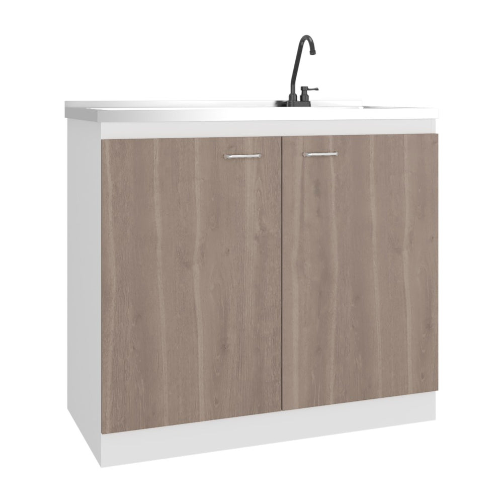 English Elm Zurich Freestanding Stainless Steel Utility Sink with Black Storage Cabinet for Garage Light Espresso B200S00459
