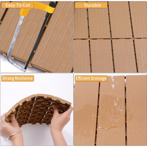 English Elm Plastic Interlocking Deck Tiles Slatted Wood Look Outdoor Patio Poolside Flooring 44 Pack W2882P204560