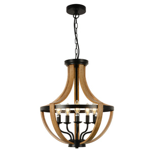 English Elm 5-Light Farmhouse Chandelier Vintage Geometric Wooden Frame Metal Fixture for Dining Room Foyer Brown W2738P242327