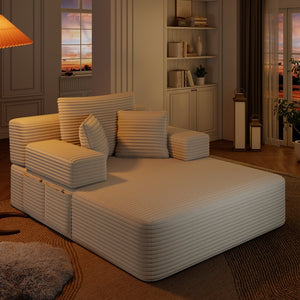 English Elm Luxurious Corduroy Convertible Chaise Lounge Sofa Bed with Foam Support for Apartments Beige W3219P449012