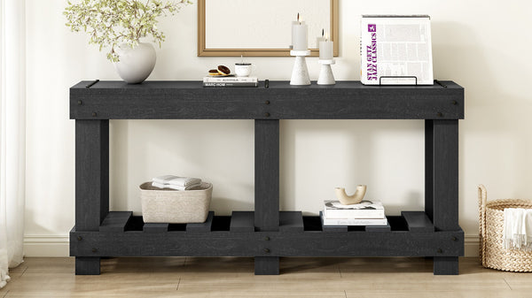 English Elm U_Style 62.9" Vintage Entryway Table - Solid Fir Wood With Rustic Design, 6 Legs & Ample Storage Space N711P289135B-GIGA