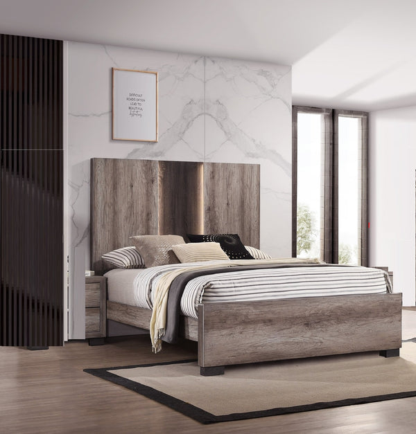 English Elm Contemporary Queen Panel Bed with LED Lighted Headboard, Distressed Textured Wood Finish, Stylish Durable Craftsmanship beige brown,Gray 81.6 L x 49 W x 7 H B011S01503