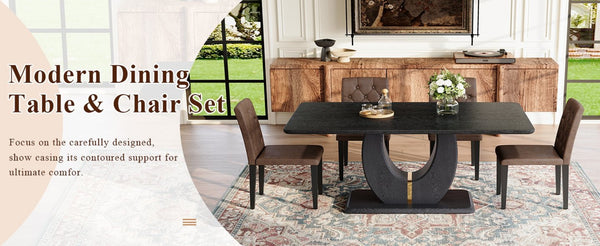 English Elm Black Wood Grain Mdf Dining Table Set Seats Four with Suede Upholstered Chairs W1151S04473