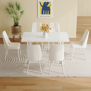 English Elm 55"X31.5" Cream-Style White Mdf Dining Table Set With 6 Armless Cream-Style Chairs.Mdf Tabletop and Metal Frame Legs.Adding A Warm and Gentle Atmosphere To Your Family.