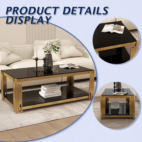 English Elm 47'' Gold Glass Double-Layer Coffee Table with Black Tempered Top, Stainless Steel Legs, Luxe Modern Appeal W1727P344005