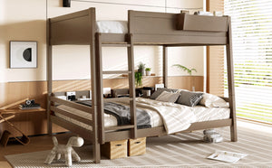 English Elm Queen Over Bunk Bed Pine Frame with Built in Shelving Detachable Vintage Style Brown W5316S00015