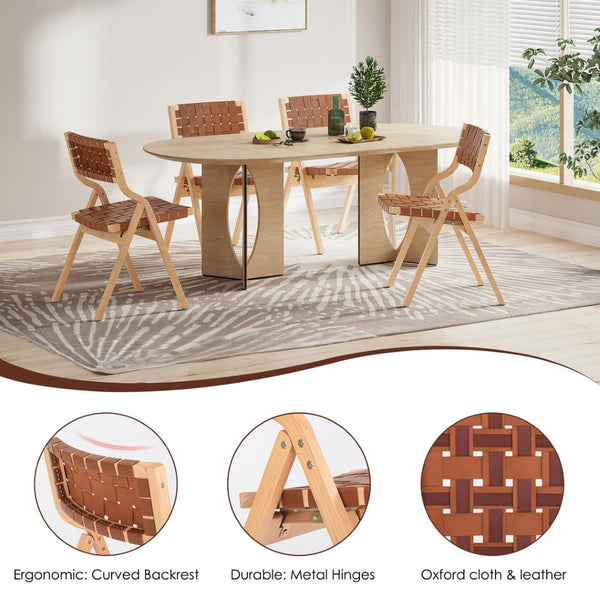 English Elm Wood Folding Dining Chairs with Rattan Woven Seat and Webbing Back Set of 2 Brown,Natural T3623P431376
