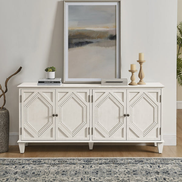 English Elm 65.2" Mid Century Sideboard Buffet with Fluted Geometric Doors, Spacious Adjustable Shelves & Brass Accents Antique White W1801P346230