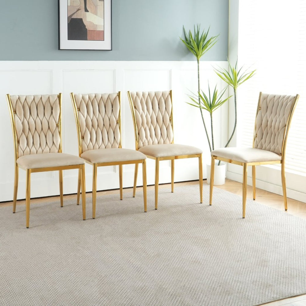 English Elm Modern Velvet Upholstered Dining Chairs with Gold Metal Legs Elegant Set of Two Beige W210P309922