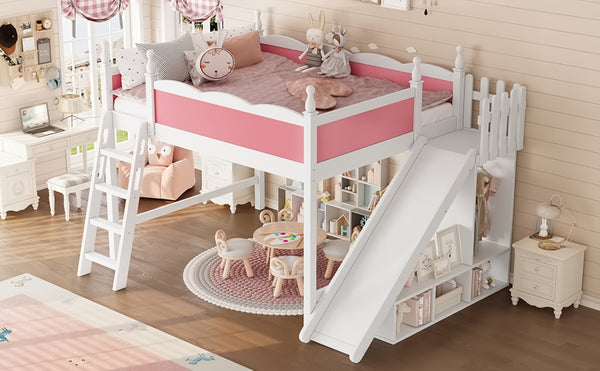 English Elm Queen Solid Pine Loft Bed with Wardrobe Shelves Detachable Slide and Dual Sleeping Zones Pink,White W5305S00026