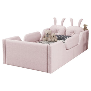 English Elm Twin Kids Platform Bed Teddy Fabric Upholstered with Bunny Cushions and Safety Rails Pink W2593P395807