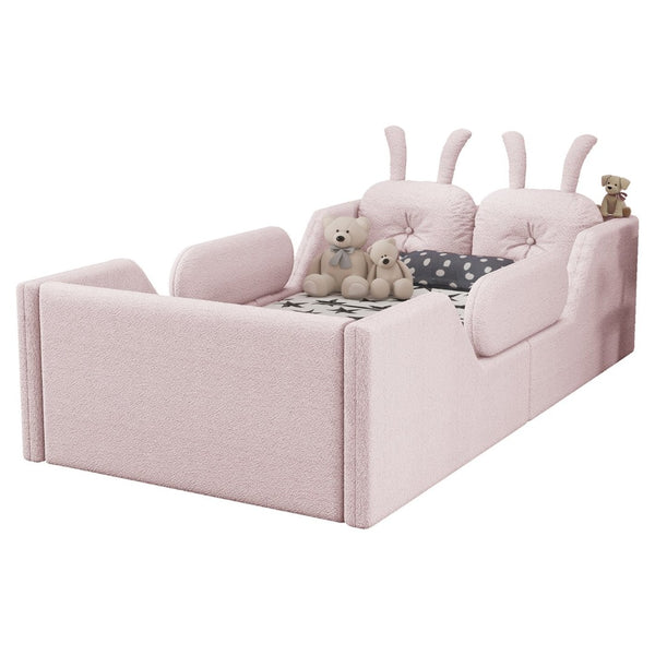 English Elm Twin Kids Platform Bed Teddy Fabric Upholstered with Bunny Cushions and Safety Rails Pink W2593P395807