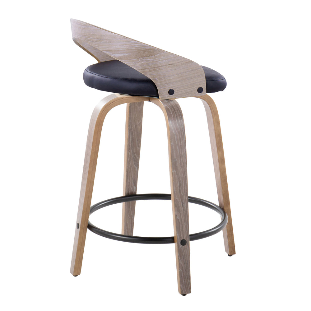 English Elm Grotto 24" Contemporary Counter Stool Set of 2 – Swivel Faux Leather Seat, Bent Wood Legs & Footrest Black B202S00070