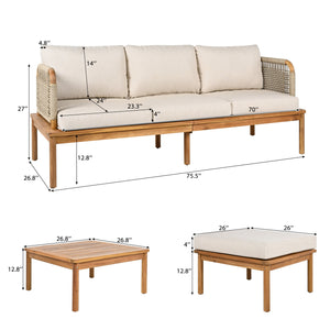 English Elm Christopher Knight Home® - Outdoor 3-piece Acacia Wood and Rope Patio Sofa Set Teak Beige — Water-Repellent Cushions, Durable Hardwood, Handwoven Rope Design N757S342866B