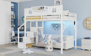 English Elm Full Size Steel Loft Bed with Staircase Storage Wardrobe Desk and Led Lighting White W2593S00056