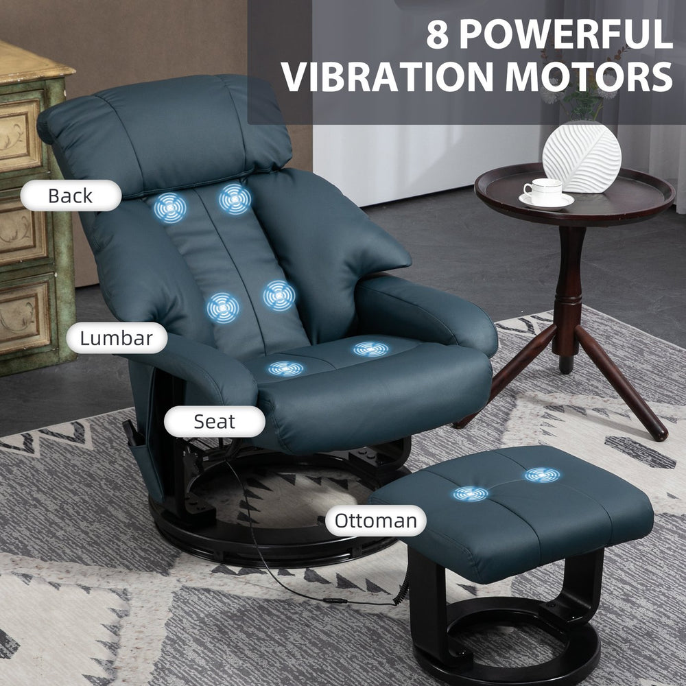 English Elm HOMCOM PU Leather Massage Recliner with Ottoman, 360° Swivel, Remote Control, Heat & Multi-Mode Comfort Blue W2225P173860