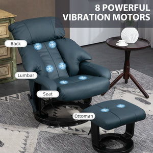 English Elm HOMCOM PU Leather Massage Recliner with Ottoman, 360° Swivel, Remote Control, Heat & Multi-Mode Comfort Blue W2225P173860