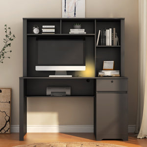 English Elm Computer Desk with Hutch Bookshelf Drawers and Built-in Power Strip for Home Office W1321S00043