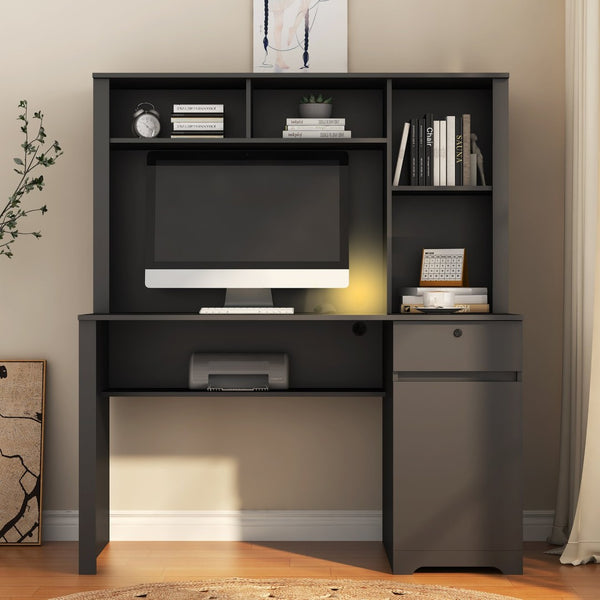 English Elm Computer Desk with Hutch Bookshelf Drawers and Built-in Power Strip for Home Office W1321S00043