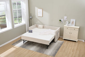 English Elm Beige velvet daybed with diamond-grid pull-out trundle, modern sturdy wood frame for guests and lounge W1361S00031