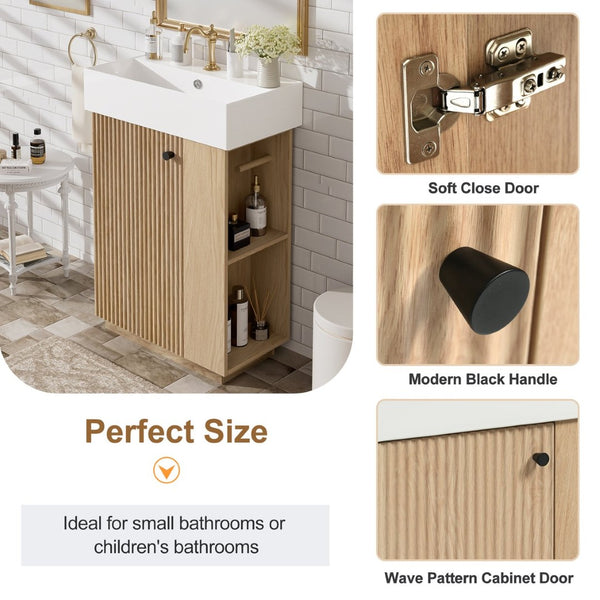 English Elm [video]21.6" Freestanding Bathroom Vanity Ceramic Sink Wavy Door Mdf Cabinet Small Bath Wood N729P285504N
