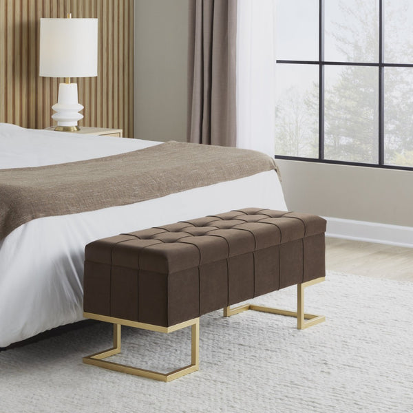 English Elm Storage Bench Button Tufted Velvet Seat Gold Steel Legs Glam Entryway Footboard B202P471511