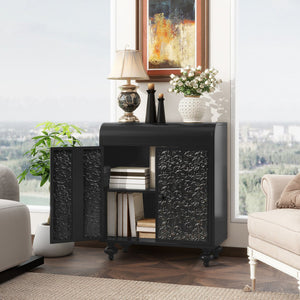 English Elm Art Accent Cabinet Antique Black Steel Sideboard with Embossed Pattern, Sturdy 75 lb Shelves & Rustic Charm W3122P272554