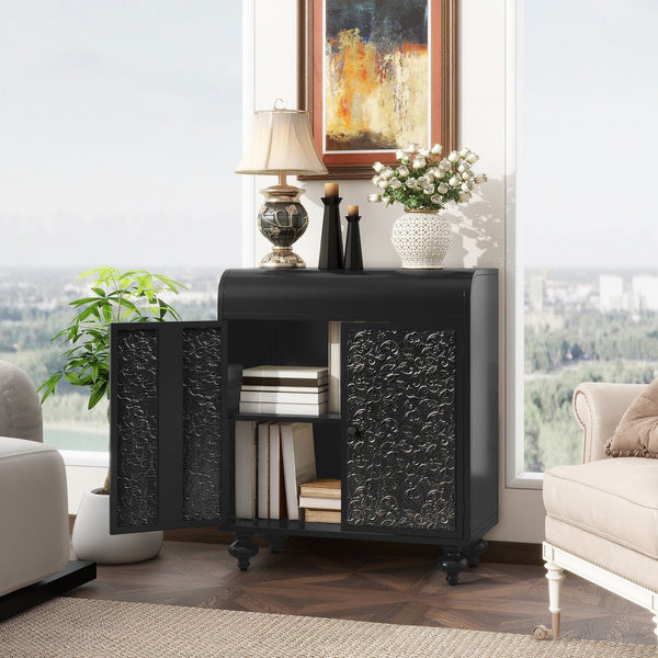 English Elm Art Accent Cabinet Antique Black Steel Sideboard with Embossed Pattern, Sturdy 75 lb Shelves & Rustic Charm W3122P272554