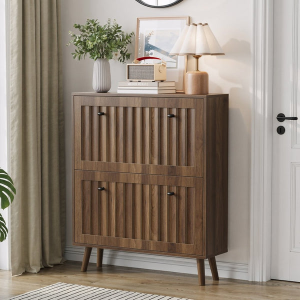 English Elm Medieval-style Walnut Tilt-out Shoe Cabinet Vertical Groove Entryway Storage Unit W1706P465293