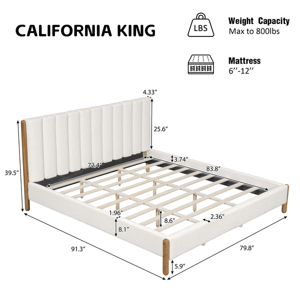 English Elm Christopher Knight Home® - California King Boucle Bed Frame with Thick Padded Headboard, Solid Wood Legs, No Box Spring Needed N757P322702K