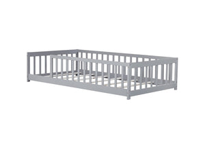 English Elm Twin Solid Rubberwood Floor Bed with Full Perimeter Safety Rails for Toddler Rooms Grey W504P296793