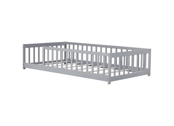 English Elm Twin Solid Rubberwood Floor Bed with Full Perimeter Safety Rails for Toddler Rooms Grey W504P296793