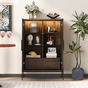 English Elm 51.2'' Freestanding Display Cabinet With Led Lights, Adjustable Glass Shelves & Hidden Storage – Walnut N845P261794D