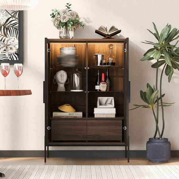 English Elm 51.2'' Freestanding Display Cabinet With Led Lights, Adjustable Glass Shelves & Hidden Storage – Walnut N845P261794D