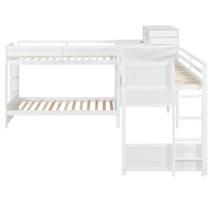 English Elm Twin L-shaped Bunk Bed Pine Wood Corner Design with Desk Drawers and Usb Charging White N820S00079K