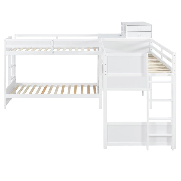 English Elm Twin L-shaped Bunk Bed Pine Wood Corner Design with Desk Drawers and Usb Charging White N820S00079K